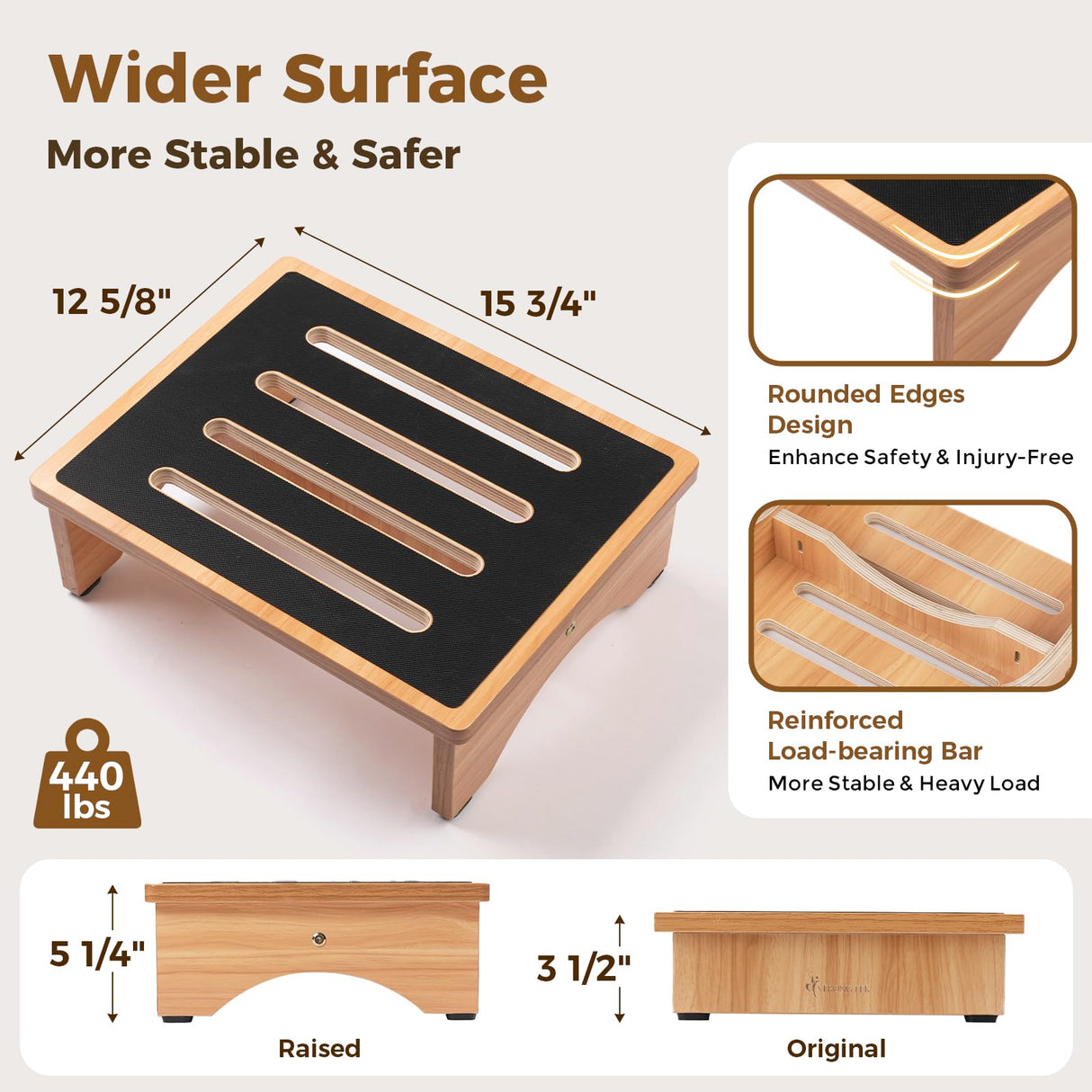 StrongTek 5" High Wooden Bed Step Stool for Adults, Sturdy Bedside & Shower Steps, 440lb Capacity, Versatile Mobility Aid for Seniors, Kitchen Use, Surgery Recovery, Anti-Slip, Portable Design StrongTek