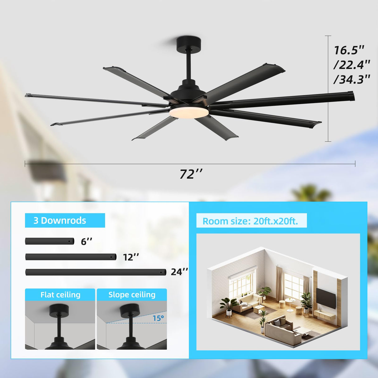 RIENAZA 72 inch Ceiling Fans with Lights and Remote Control,Large Ceiling Fan with 8 Aluminum Blades, 3CCT, 6-Speed,Black Commercial Ceiling Fan for Porch/Garage/Shop/Living Room RIENAZA