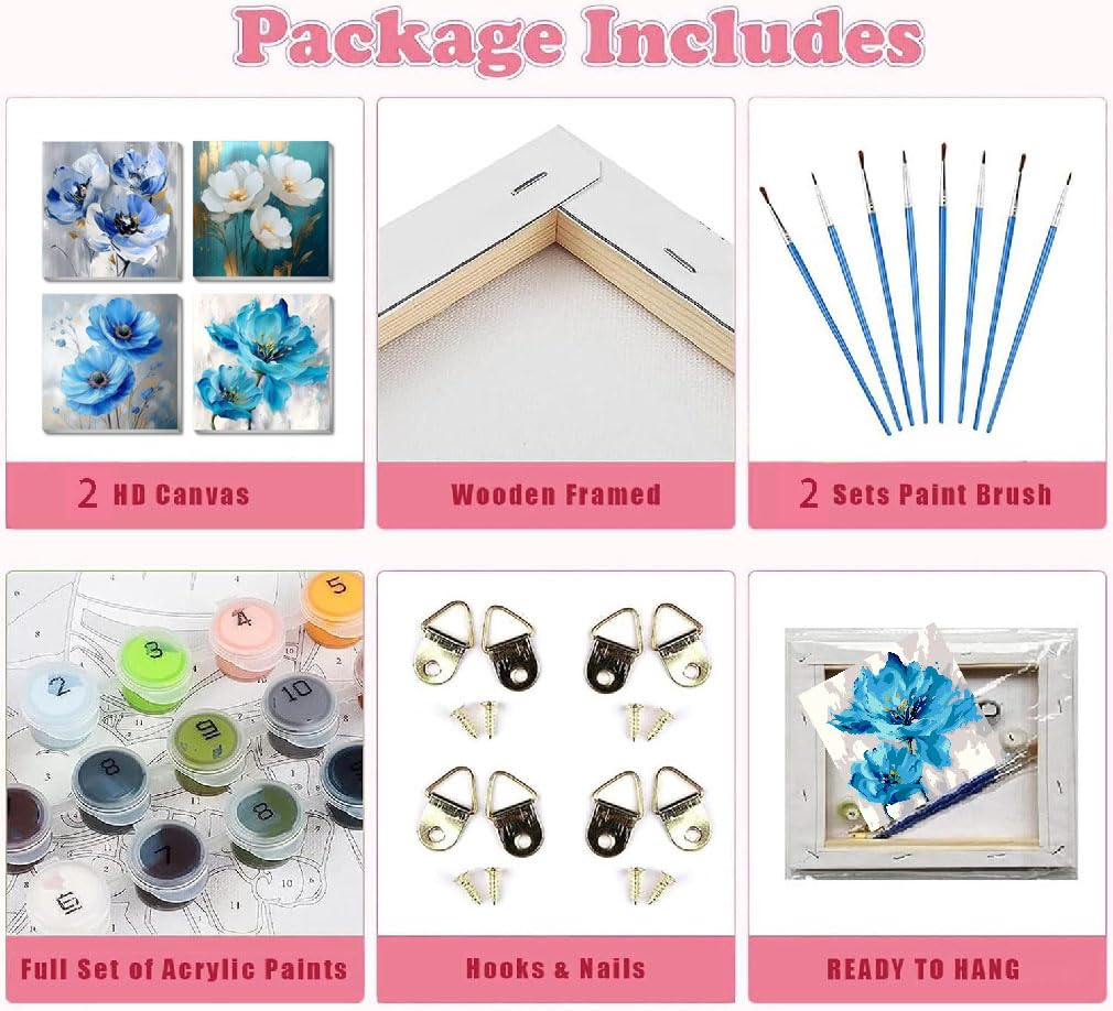 4 Pack Flowers Paint by Number for Adults Kids Framed, Easy Acrylic Adults Paint by Numbers Kits on Canvas with Paints and Brushes, Small Flowers Arts and Crafts Kits for Home Wall Decor (8 x 8 Inch) Fotasmua