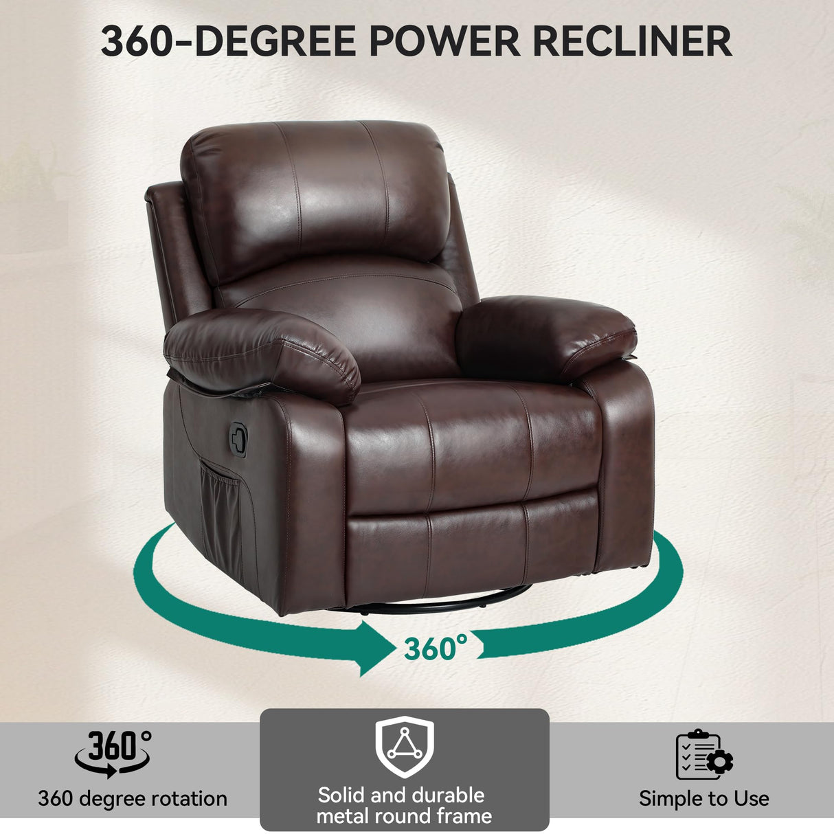 YITAHOME Rocker Recliner Chair with Heat & Massage, Faux Leather Recliner with Overstuffed Armrest, 360° Swivel, Manual Reclining, Rocking Function & Side Pocket for Living Room,Brown1 YITAHOME