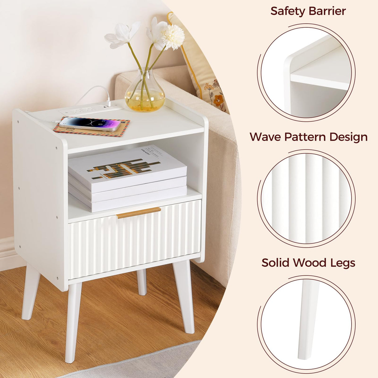 MAHANCRIS End Table Living Room Fluted Night Stand, 15.9" Modern Side Table with Charging Station,Bedside Table with Drawer for Small Spaces, Bedroom, White ETWT61E01 MAHANCRIS