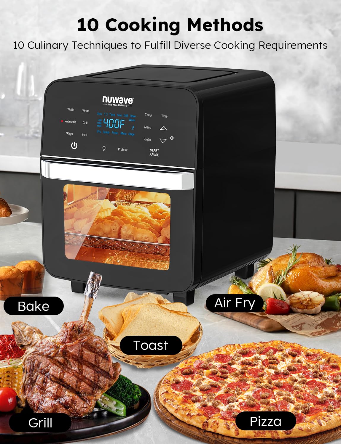 Nuwave Brio Air Fryer Oven, 15.5Qt X-Large Family Size, SS Rotisserie Basket &Skewer-Kit, Reversible Ultra Non-Stick Grill/Griddle Plate, Powerful 1800W, Integrated Smart Thermometer,Black Nuwave
