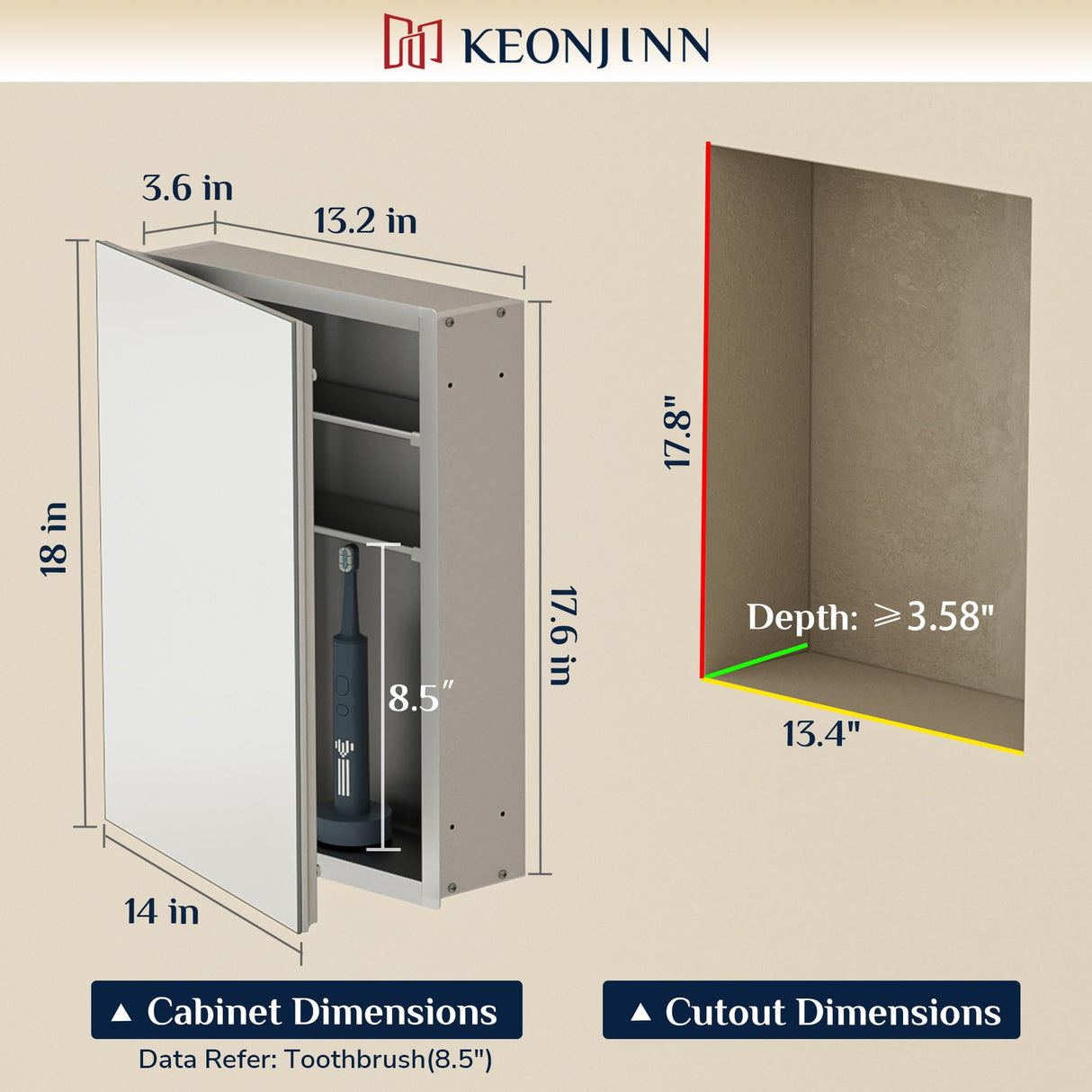 Keonjinn Small Medicine Cabinet 14 x 18 Inch, Assembly Needed, Bathroom Medicine Cabinets Mirror, Lightweight, Adjustable Shelves, Wall Mount or Recessed, Tempered Glass Keonjinn