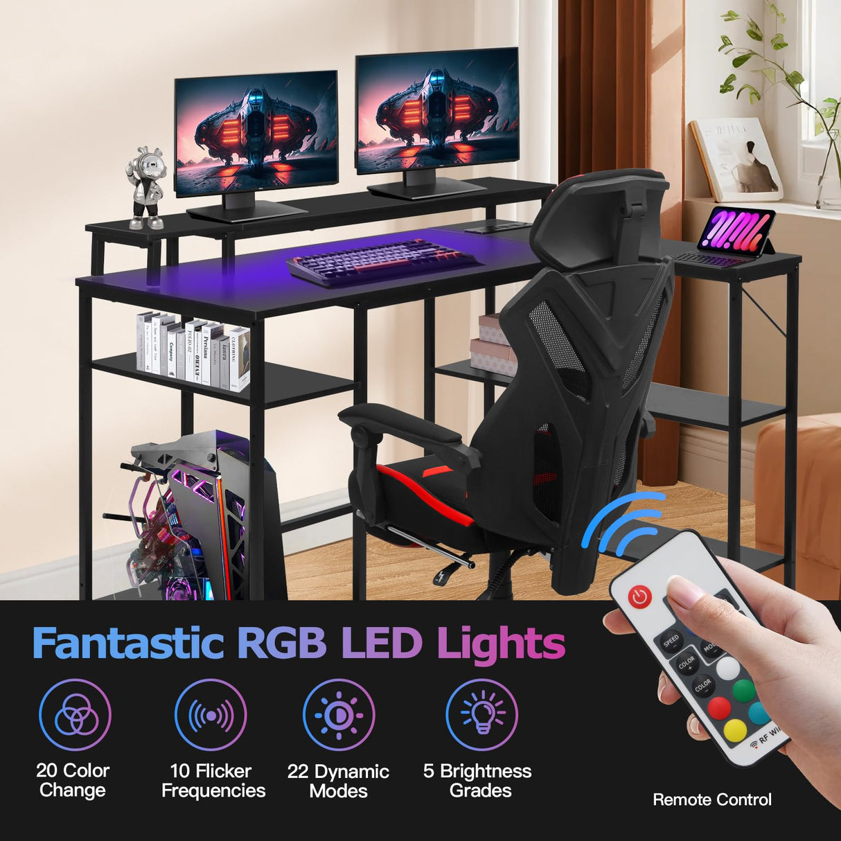 Panana L Shaped Gaming Desk with LED Lights & Power Outlets, Reversible Computer Desk with Stand & Shelves, Corner Desk Home Office Desk with USB Charging Port (Black) Panana