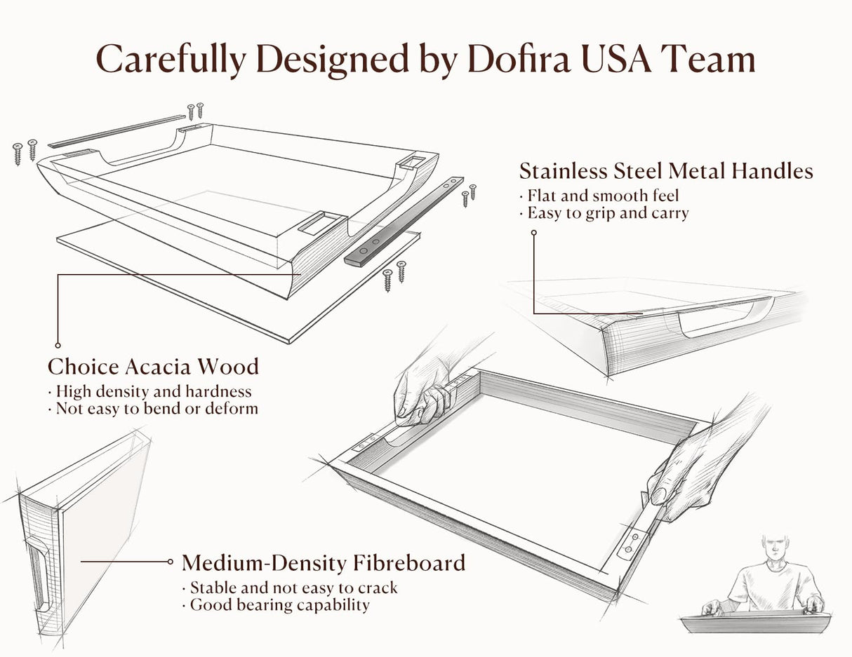 Dofira Acacia Wood Serving Tray with Metal Handles, 17x13in Large Ottoman Tray, Food Drinks Tray for Coffee Table, Breakfast, Dinner & Bar, Rustic Decorative Tray for Kitchen, Bedroom (Gift Box) Dofira