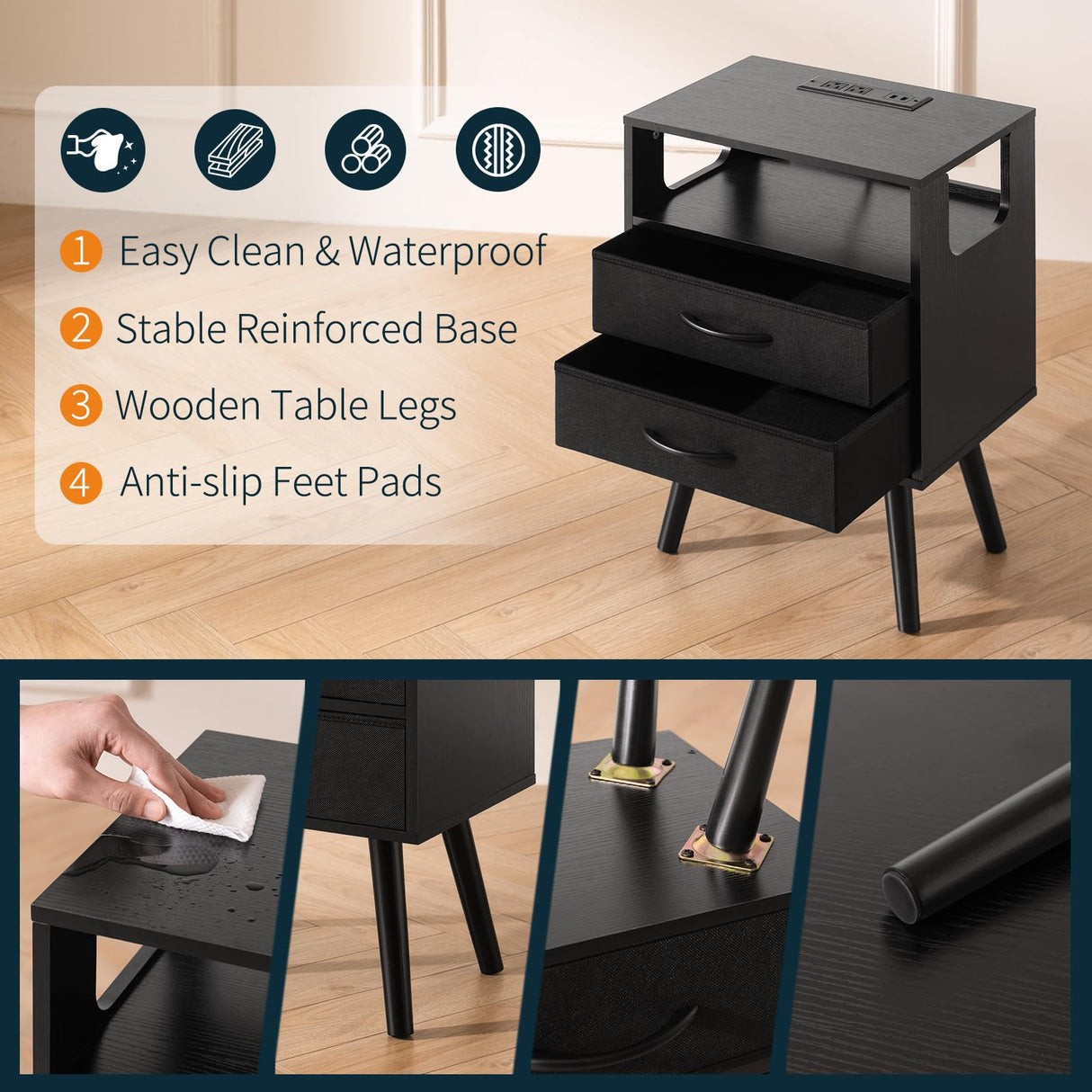 Yoobure LED Night Stand with Charger Station, Mid Century Modern Nightstand with Fabric Drawers, Bedside Table Nightstands with Storage Shelf, Bed Side Table Small Night Stands for Bedroom Living Room Yoobure