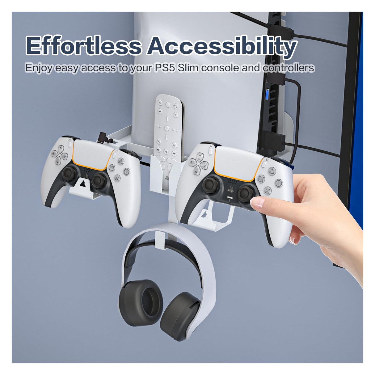 HEATFUN PS5 Slim Wall Mount Kit, Metal PS5 Slim Wall Shelf with Controller and Headphone Holder with 2-in-1 Magnetic Charging Cable - White HEATFUN