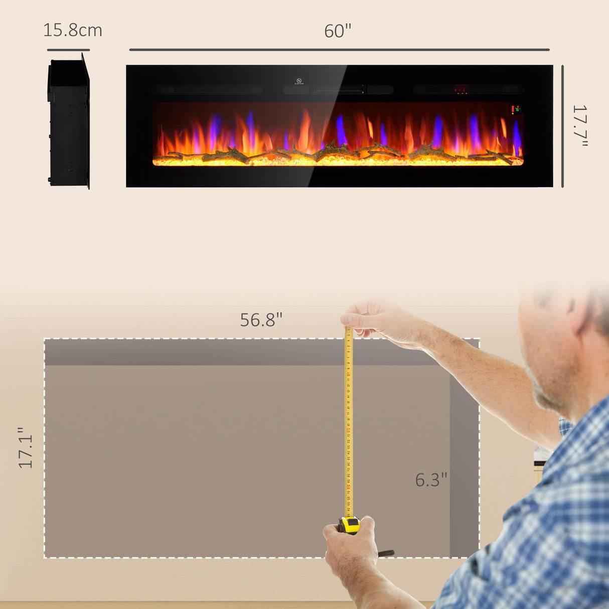 HOMCOM 60" Electric Fireplace Recessed and Wall Mounted with Remote Control, 1500W Fireplace Heater with 8H Timer, Adjustable Flame Color and Brightness, Log and Crystal HOMCOM