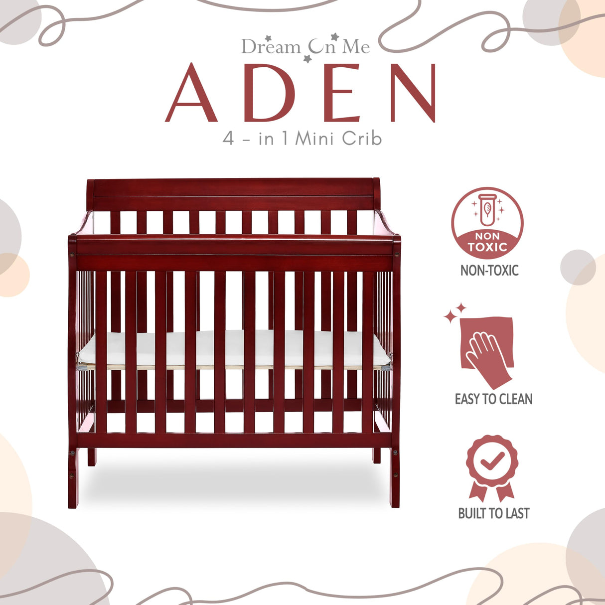 Dream On Me Aden 4-in-1 Convertible Mini Crib In Cherry, Greenguard Gold Certified, Non-Toxic Finish, New Zealand Pinewood, With 3 Mattress Height Settings Dream On Me