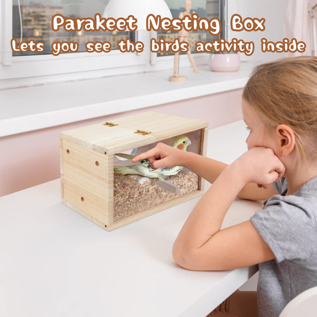GINDOOR Parakeet Nesting Box Transparent Bird House for Cage Natural Wood Breeding Box for Parrot Parakeet Cockatiel Lovebirds Budgie Conure and Other Small Birds GINDOOR