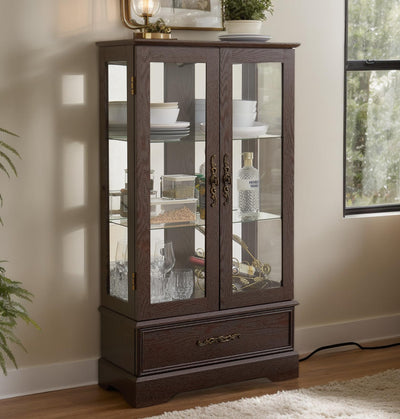 CKEASEAN Curio Cabinet 47" H Vintage Glass Display Cabinet with 3-Tier Adjustable Glass Shelves, Acrylic Mirrored Back Pane, Light Blub Included, China Cabinet for Living Room (Dark Cherry)