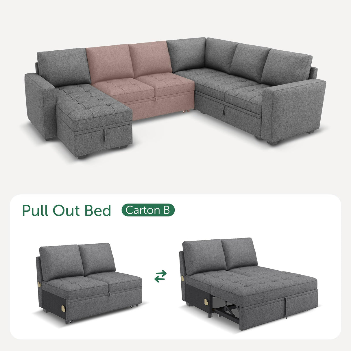 HONBAY Modular Sectional Sleeper Sofa with Pull Out Bed, Pull Out Bed for Sectional Couch, Grey HONBAY