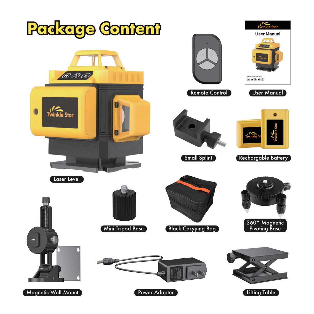 Laser Level 360 Self Leveling Twinkle Star 16 Line 4D Green Line Laser Picture Hanging Construction, 4800 mAh 2 Rechargeable battery with Remote Controller, Tool Kit, Magnetic Rotating Stand Included Twinkle Star