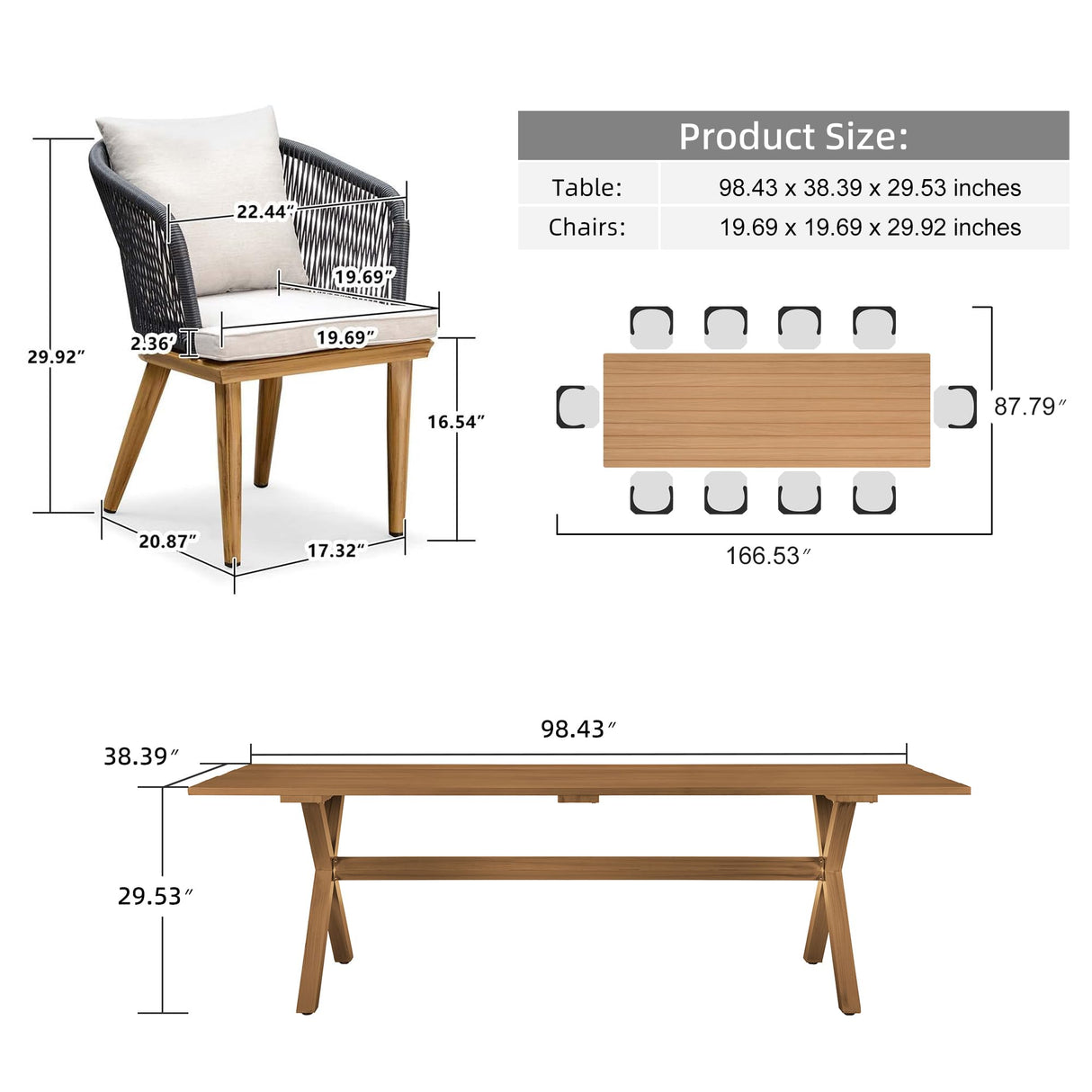 PURPLE LEAF 11 Pieces Patio Dining Set Wicker Outdoor Furniture Rectangular Table and Chairs Set for Garden Deck Teak-Finish Aluminum Frame Backyard Kitchen Set, Cushions and Pillows Included PURPLE LEAF