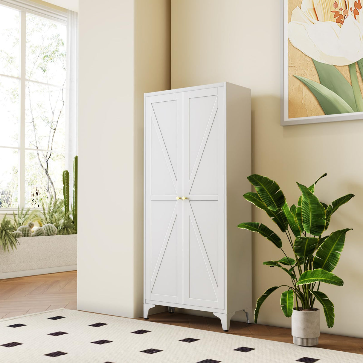 65" Tall Kitchen Cabinet,Food Pantry Cabinets with Doors and Adjustable Shelves,White Metal Storage Cabinets,Large and Portable Arganization Cabinet for Pantries Kitchen Living Room Bathroom Vaernevy