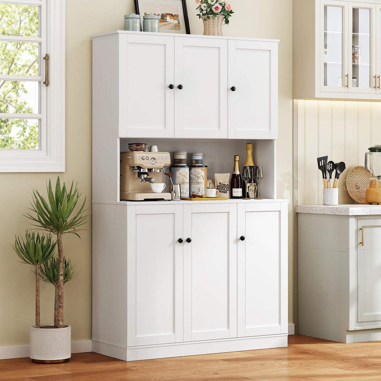 ONBRILL 71" Tall Kitchen Pantry Storage Cabinet with Microwave Stand & Door Shelf, Freestanding Kitchen Hutch with 6 Doors and Adjustable Shelves, Modern Food Pantry for Kitchen, Dining Room, White ONBRILL