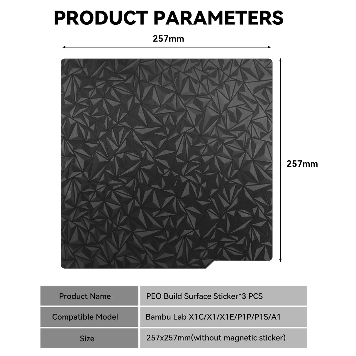 CCTREE PEO Diamond Build Surface Sticker 257x257mm, 3PCS 3D Print Heat Bed Platform Sticker Without Spring Steel Sheet and Magnetic Base for Bambu Lab X1/X1C/P1P/P1S/A1 3D Printers CCTREE