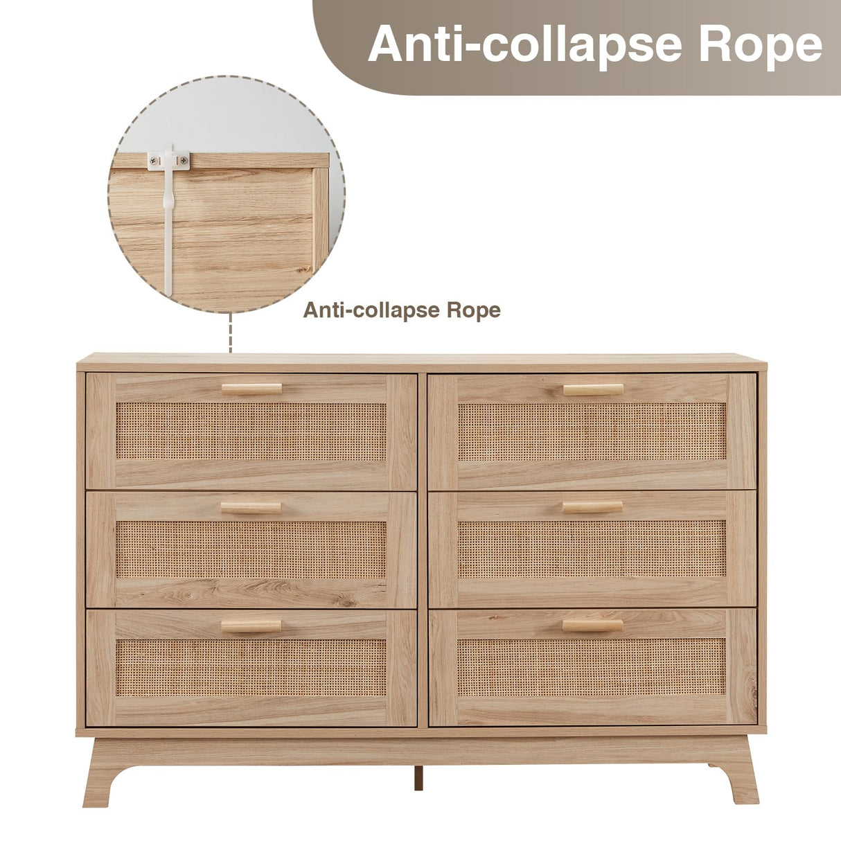 Okvnbjk 6 Drawer Dresser for Bedroom, Rattan Dressers & chests of Drawers with Wood Handles, Boho Chest of Drawers for Bedroom, Living Room and Entryway, Oak Okvnbjk