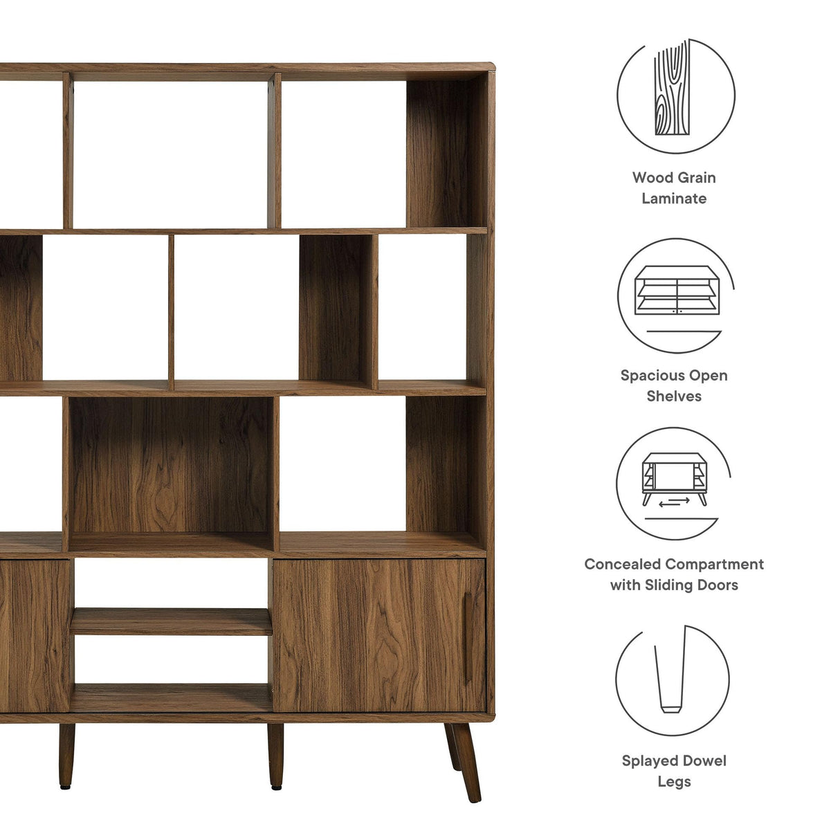 Modway Transmit 14 Shelf Bookcase with Sliding Doors in Walnut - 59 Inch Wood Mid-Century Modern Bookshelf - 4 Tier Wide Open Display Storage Cabinet for Living Room, Office, Hallway Modway