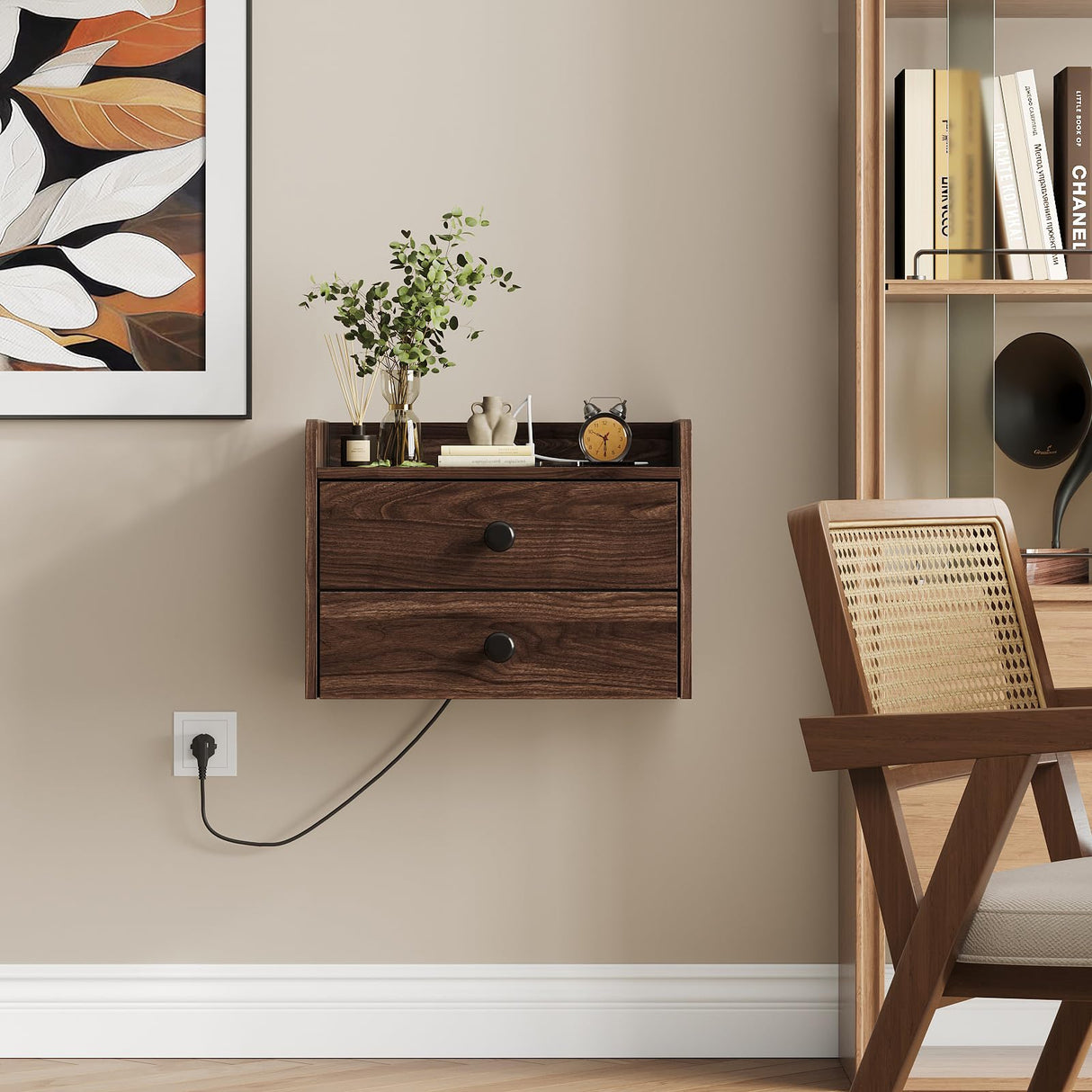 Floating Nightstand Set of 2 with 2 Storage Drawers and Charging Station Wood Wall Mounted Bedside End Table Modern Night Stands Set 2 for Bedroom,Small Space,Brown Walnut Vabches