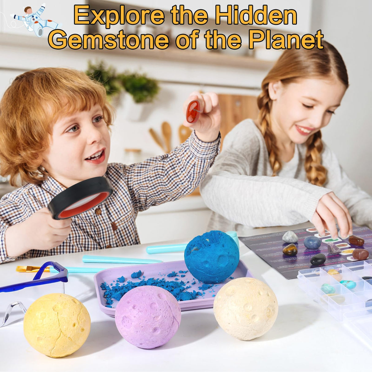 QLKUNLA Gemstones Dig Kit, Excavate 24 Real Gems in Solar System STEM Educational Space Toys for Boys & Girls Archaeology Geology Science Project Gift QLKUNLA