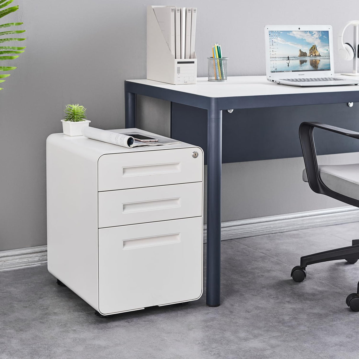 MIIIKO Mobile Filing Cabinet 3 Drawer, White Small File Cabinet with Lock Under Desk, Filing Cabinet for Home Office with Wheels, A4/Letter/Legal Hanging File Folders MIIIKO