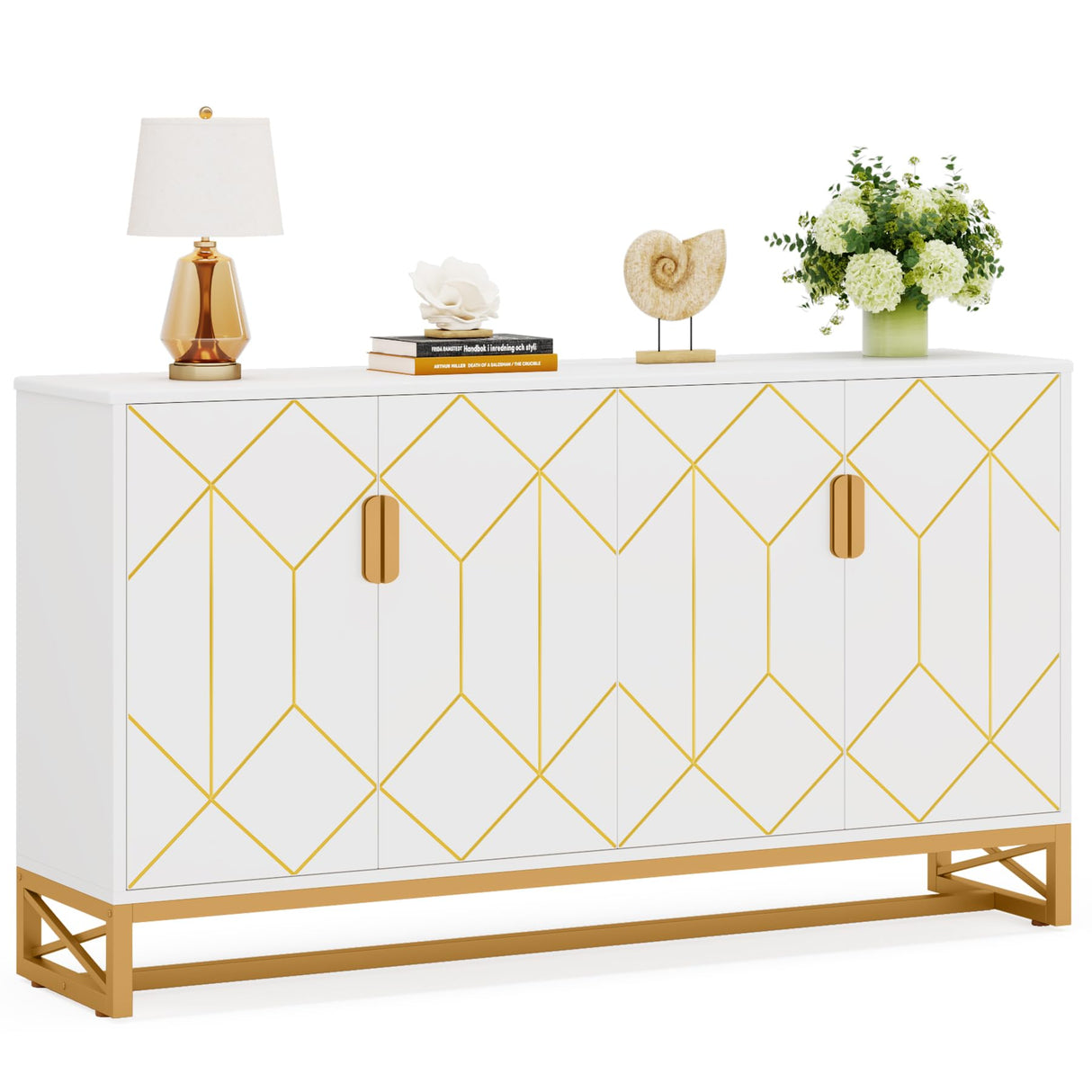 LITTLE TREE Storage Cabinet with Storage Shelves for Living Room, Modern Sideboard Buffets Cabinets Coffee Bar with Gold Metal Frame 4 Doors for Kitchen Dining Room Entryway Bedroom, White LITTLE TREE