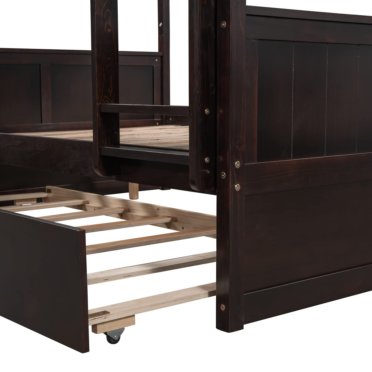 Merax Full Over Full Bunk Bed with Trundle,Wooden Trundle Bed Frame with Ladder Safety Guardrail,Convertible to 2 Platform Beds for Kids Teens,Espresso Merax