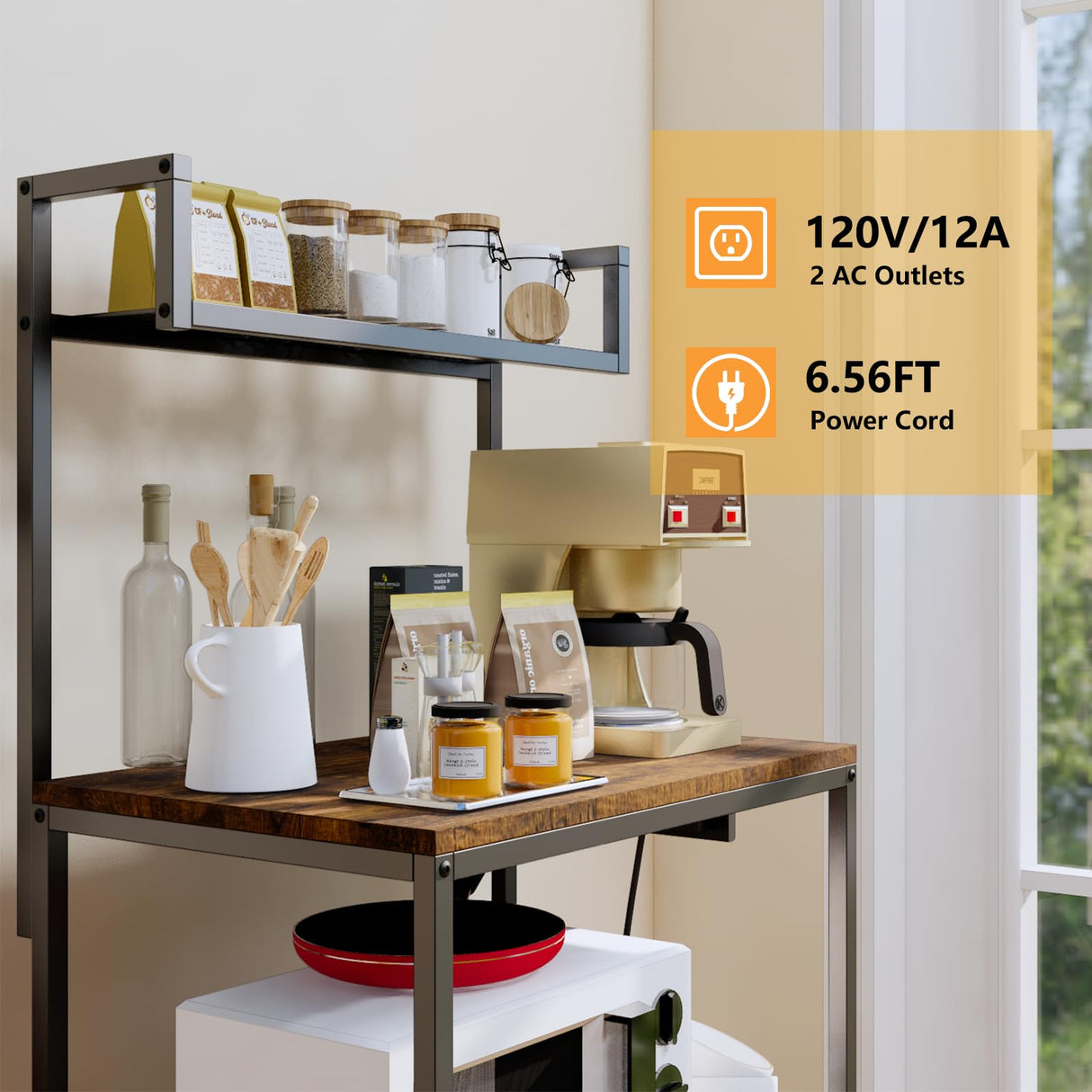 OIRBOEUS Oiboeus Kitchen Bakers Rack with Power Outlet Coffee Bar Station Microwave Stand Kitchen Microwave Rack Shelf Kitchen Shelf Rustic Brown OIRBOEUS