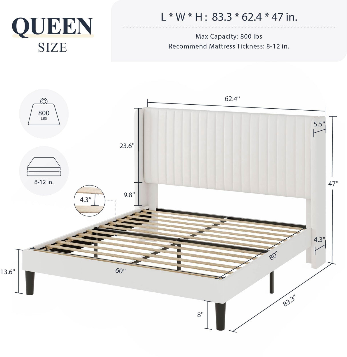 Allewie Queen Size Velvet Bed Frame/Vertical Channel Tufted Wingback Headboard/Upholstered Platform Bed/Strong Wooden Slats/No Box Spring Needed/Easy Assembly/White Allewie