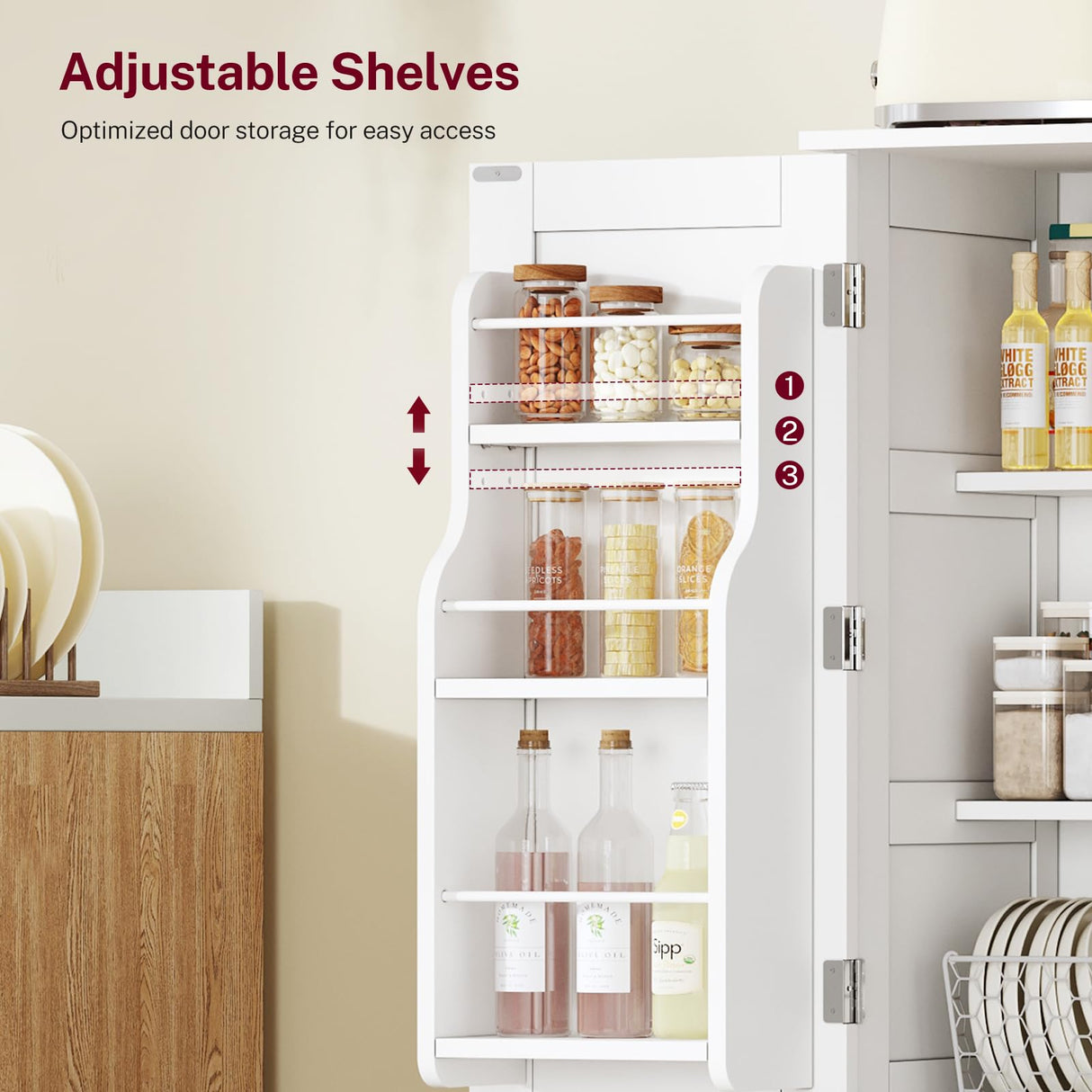 TEENFON 43'H Pantry Cabinet with 4 Doors, Kitchen Cabinet with 6 Door Shelves, Kitchen Pantry for Living Room, Dining Room, Bathroom, White TEENFON