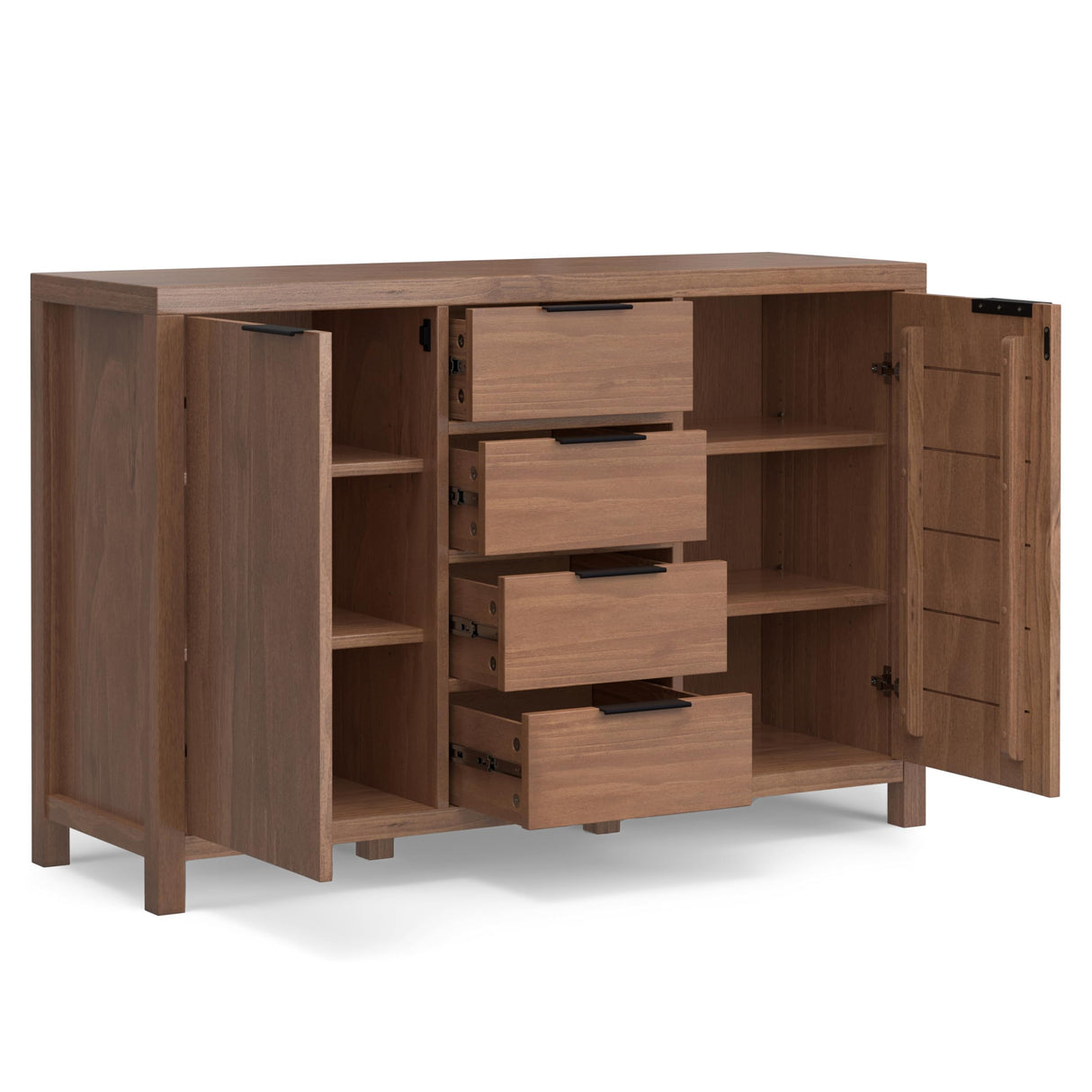 SIMPLIHOME Hollander Buffet - 54 inch Wide Solid Wood 3-Door Sideboard Buffet in Medium Saddle Brown, Contemporary Storage Cabinet for Dining Room or Kitchen with Adjustable Shelves and Metal Handles SIMPLIHOME