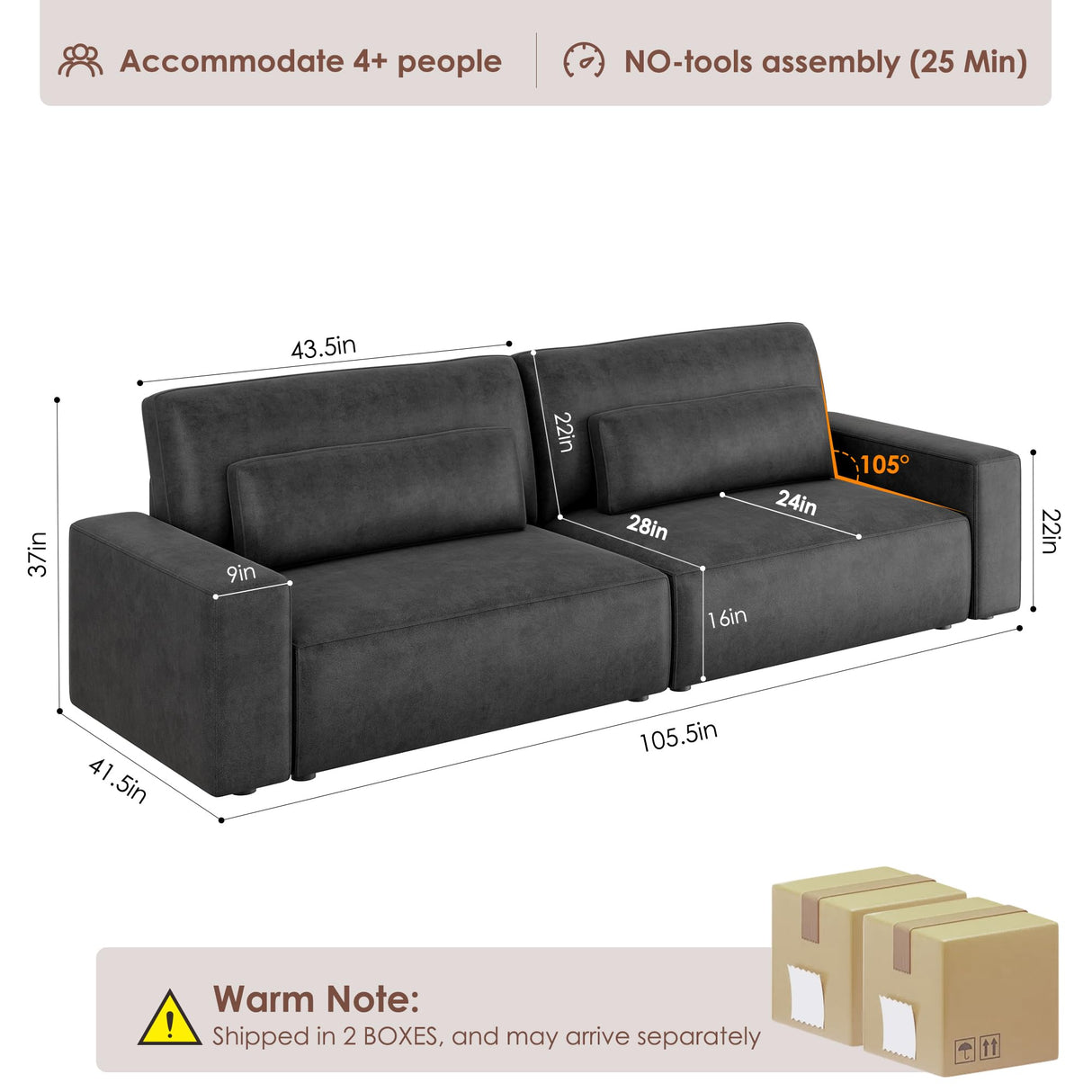 HIFIT 105" Black Faux Leather Sofa Couches for Living Room, Modern Comfy Couch with 28" Deep Seat & Fluffy Cushion, 4-Seater Home Sofa Living Room Furniture for Office with 2 Pillows, Solid Wood Frame HIFIT