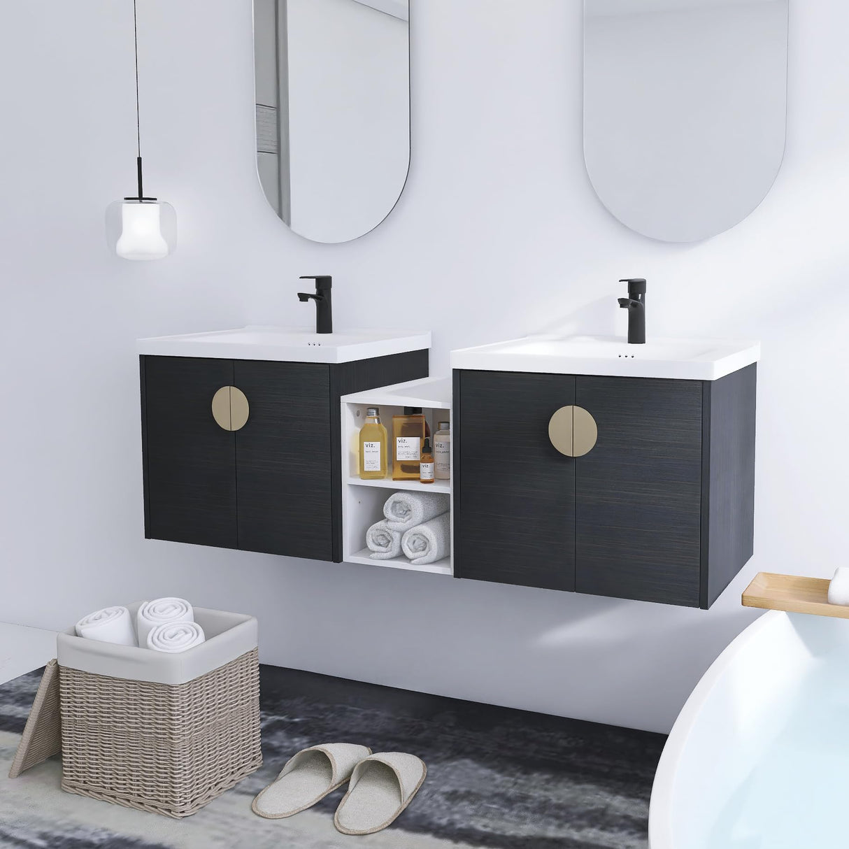 60 Inch Floating Bathroom Vanity, 60" Bathroom Vanity with Sink, Modern Double Sink Bathroom Vanity Combo,Black Wall Mounted Cabinet Set with Open Storage Shelf WoodArtSupply