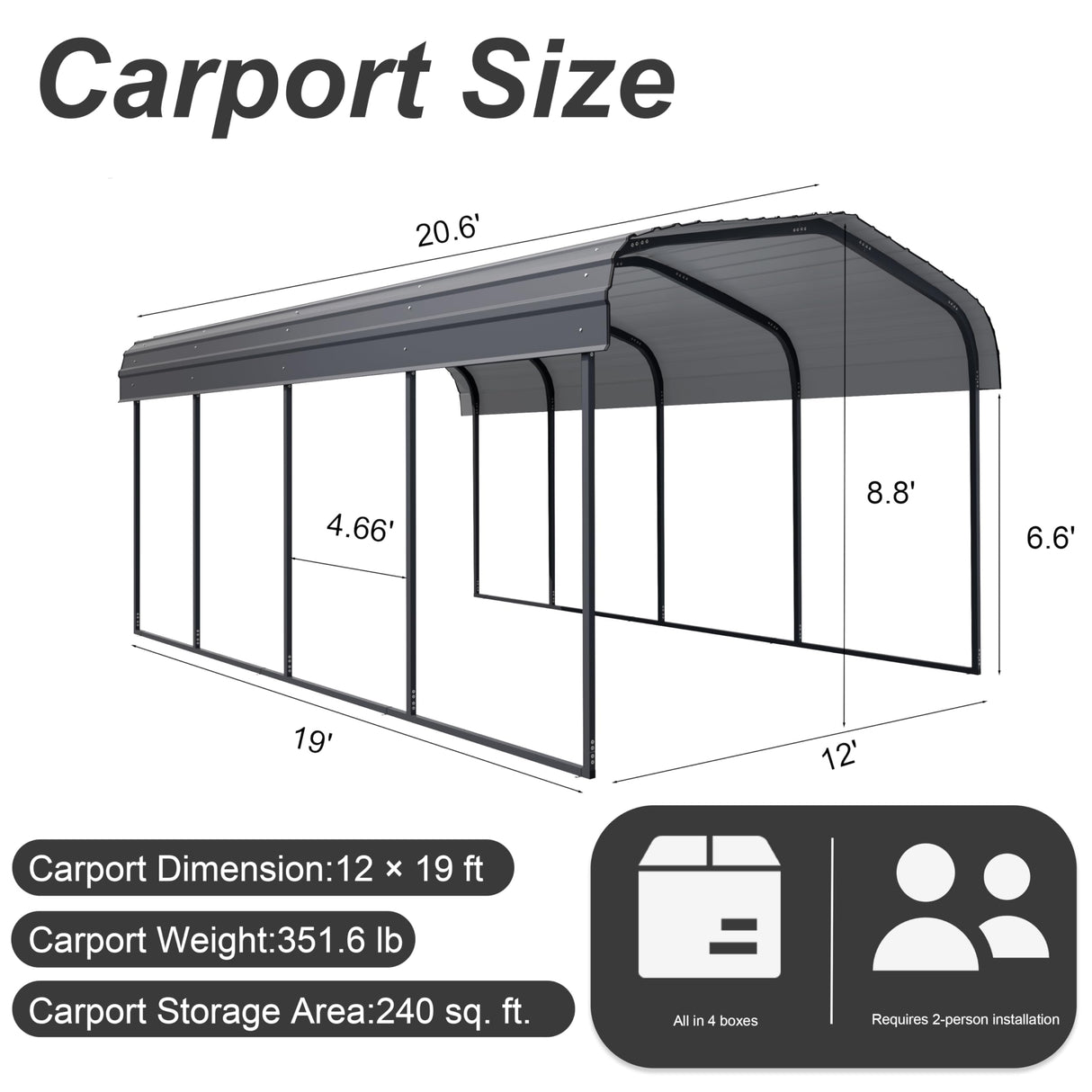 Chilihom Car Port Metal Carport 12 ×20 FT Heavy Duty Carport Kit, Metal Garage Carport Canopy with Galvanized Steel Frame and Roof, Car Tent Shelter Outdoor Storage Shed for Boats and Truck, Charcoal Chilihom