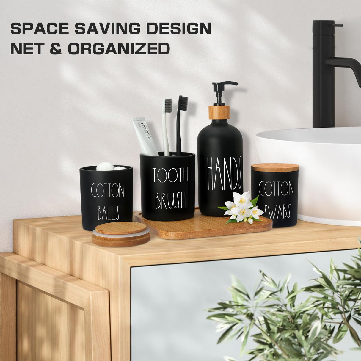 ALPIRIRAL Matte Black Bathroom Accessories Set, 5 Pcs Glass Bathroom Accessory Set with Bamboo Tray, Soap Dispenser and Toothbrush Holder Set, Qtip Holder Set, Farmhouse Boho Bathroom Set Complete ALPIRIRAL