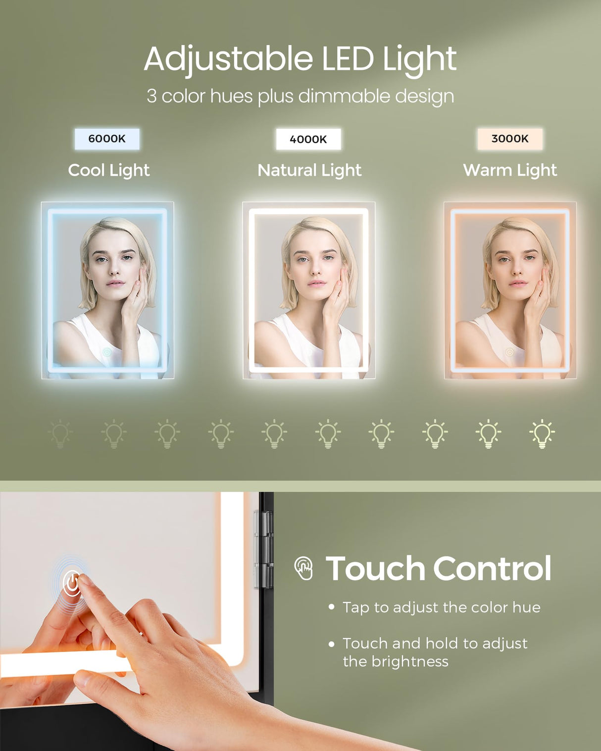 VASAGLE Vanity Desk with Power Outlets, Makeup Vanity with Mirror and Lights, Upholstered Vanity Stool, Dimmable LED Lights, 6 Compartments, 2 Drawers, for Bedroom, Ink Black URDT031B01 VASAGLE