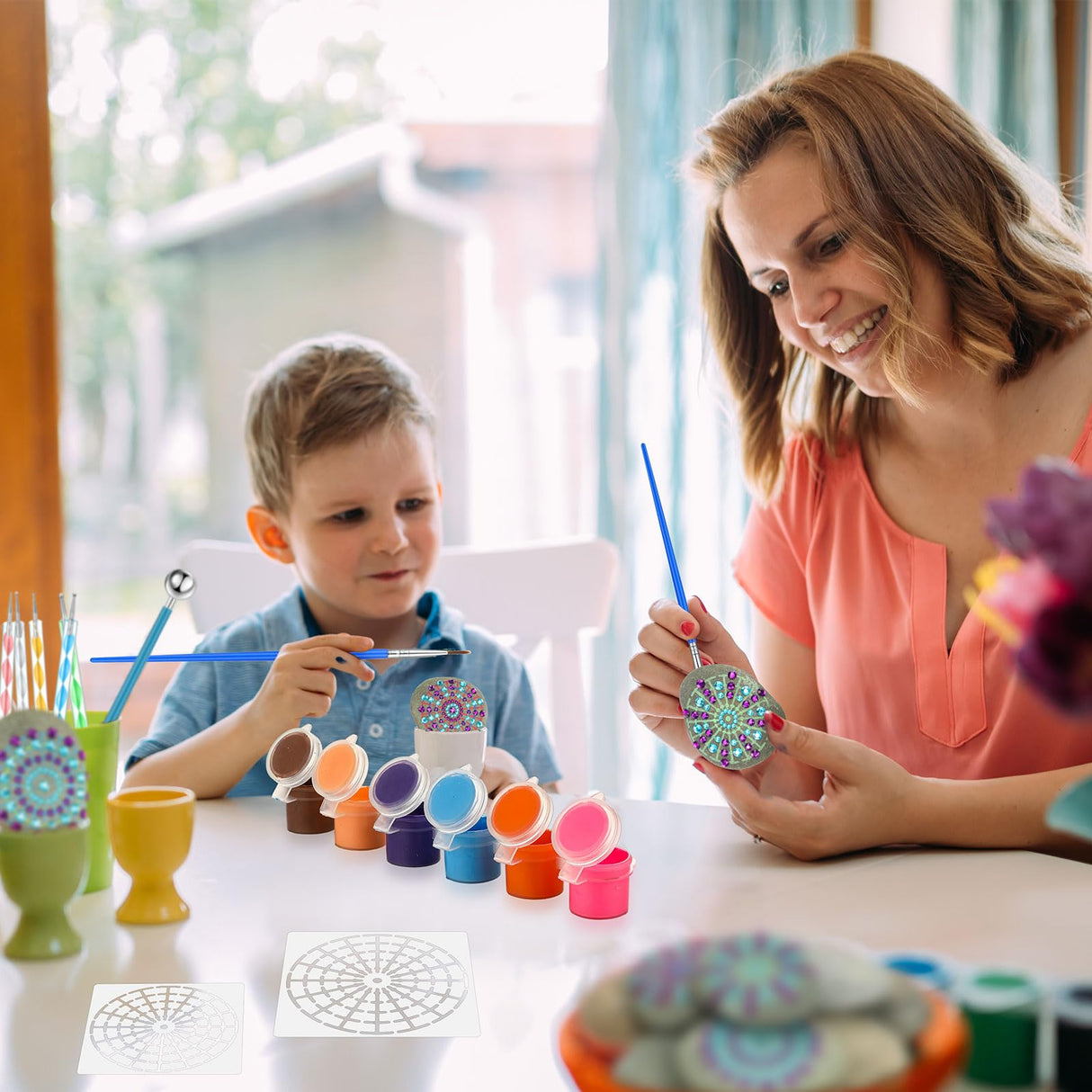 RoundFunny Mandala Rock Painting Kit - 10 Pcs Flat Rocks for Painting 3-4 Inches, Mandala Dotting Tools Kit, Mandala Stencils, Acrylic Paints, Dotting Tools for Painting Rocks for DIY Arts & Crafting RoundFunny