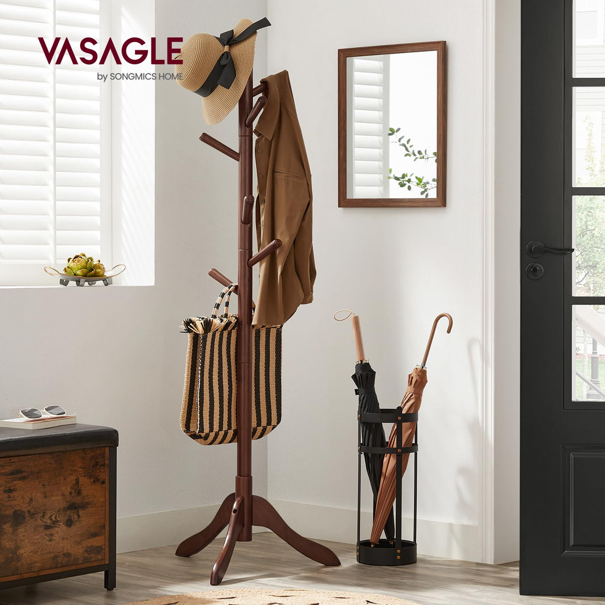 VASAGLE Solid Wood Coat Rack, Free Standing Coat Rack, Tree-Shaped Coat Rack with 8 Hooks, 3 Height Options, for Clothes, Hats, Bags, for Living Room, Bedroom, Home Office, Dark Walnut URCR01WN VASAGLE