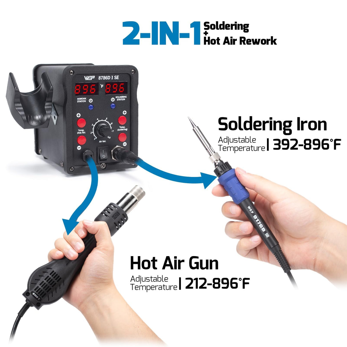 WEP 8786D-I SE Hot Air Soldering Iron Station Kit 2-IN-1 for Rework, Desoldering with Lead-Free Solder Wire, 5 Soldering Tips, 3 Hot Air Nozzles,Tweezers, Desoldering Pump WEP