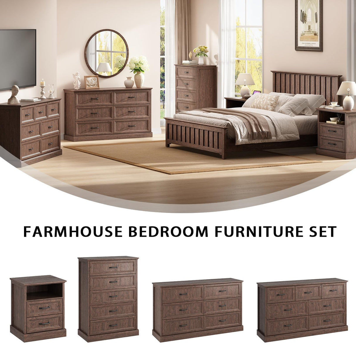 Farmhouse 6 Drawer Dresser for Bedroom, 55 Inch Wide Modern Brown Dresser TV Stand with Large Drawers & Bar Handles, Rustic Wood Chest of Drawers for Bedroom, Living Room, Hallway, Entryway. CARPETNAL