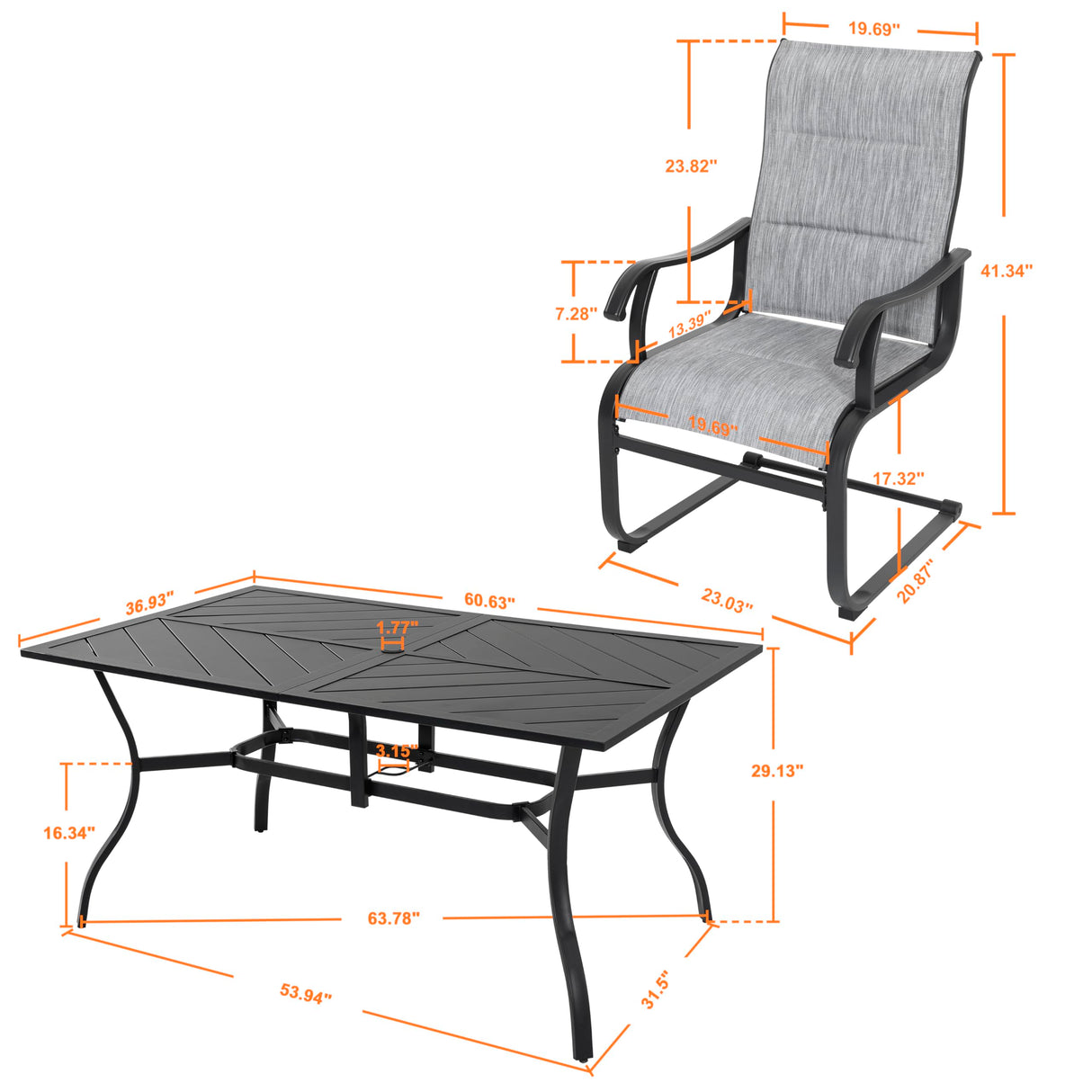 NUU GARDEN 7 Piece Outdoor Dining Set, 6 All Weather Padded Textilene Patio Chairs and 61" Rectangular Dining Table with 1.77" Umbrella Hole, for Garden, Patio, Light Grey and Black NUU GARDEN