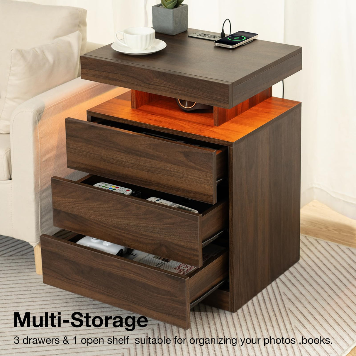HOMMPA LED Nightstand with Wireless Charging Station Dark Walnut Mid Century Bedside Table with Led Light Smart Nightstand USB Port Type C Tall Night Table with 3 Drawers Wood Night Stand for Bedroom HOMMPA