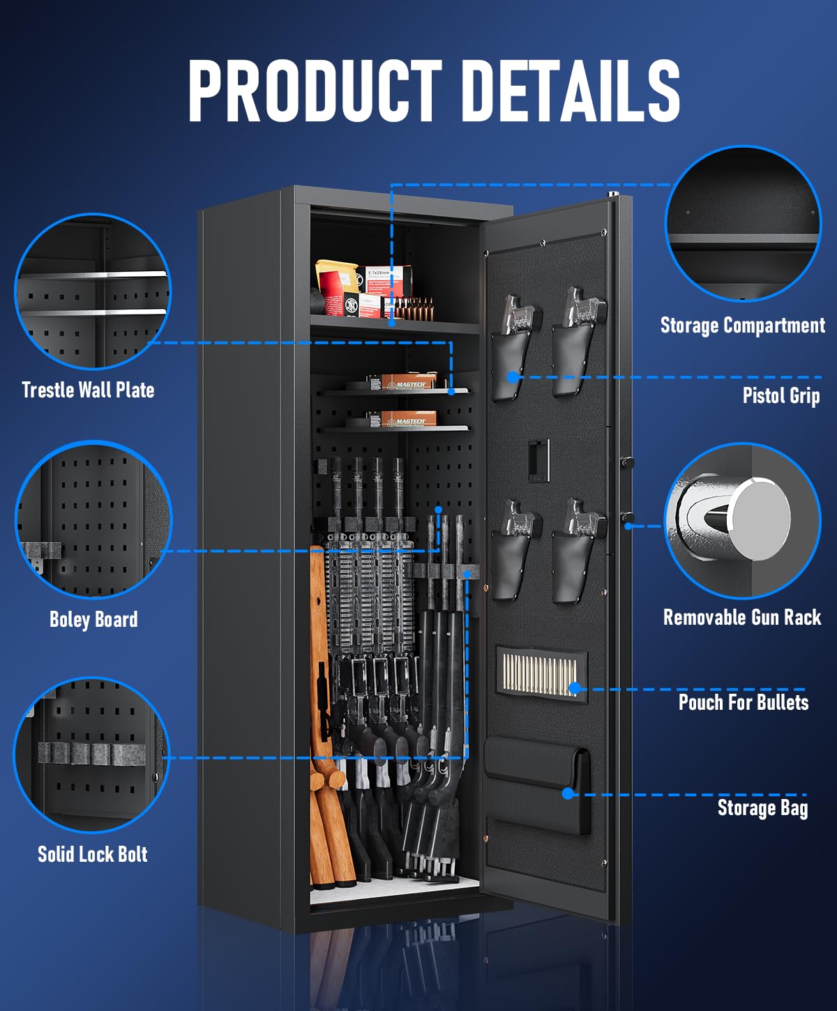 Xyvaly Upgraded Large Gun Safe for 10-14 Rifles - Biometric Fingerprint Access, Removable Shelves & Pistol Storage for Home Security. Xyvaly