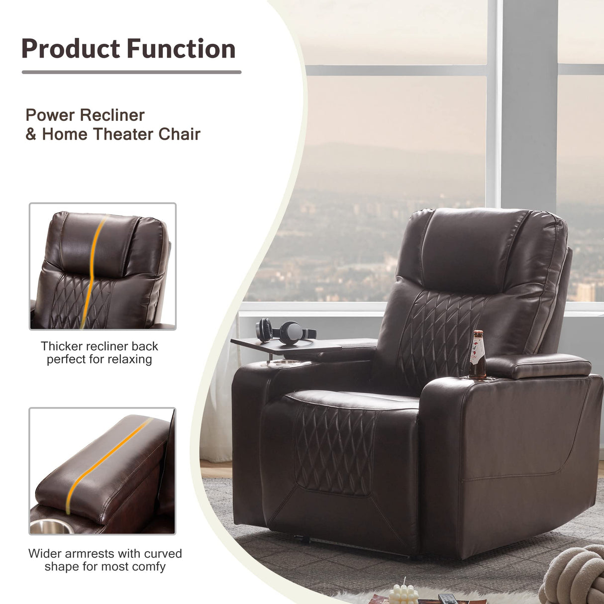 Merax Electric Recliner Chair with USB Charge Port, 360 Swivel Tray Table, Hand in-Arm Storage, and Cup Holders, Ambient Lighting - Ambient Lighting Gaming Recliner Chair Home Theater Seating(Brown) Merax