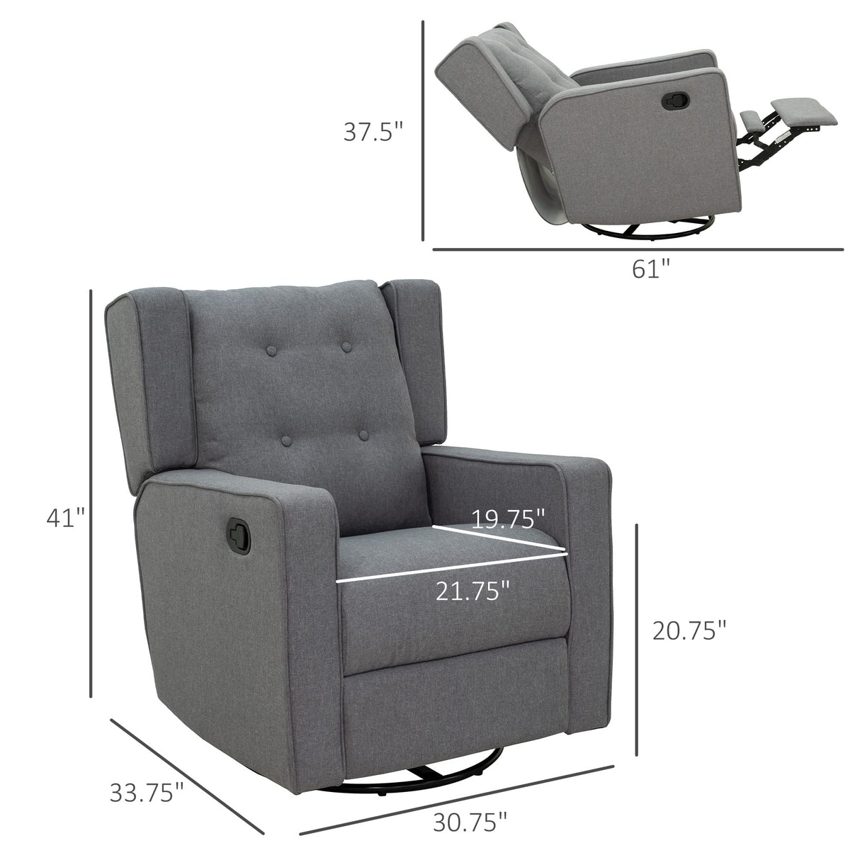HOMCOM Wingback Swivel Recliner Chair Glider Rocking Chair for Nursery with Button Tufted, Padded Single Home Theater Seater for Living Room Bedroom, Grey HOMCOM