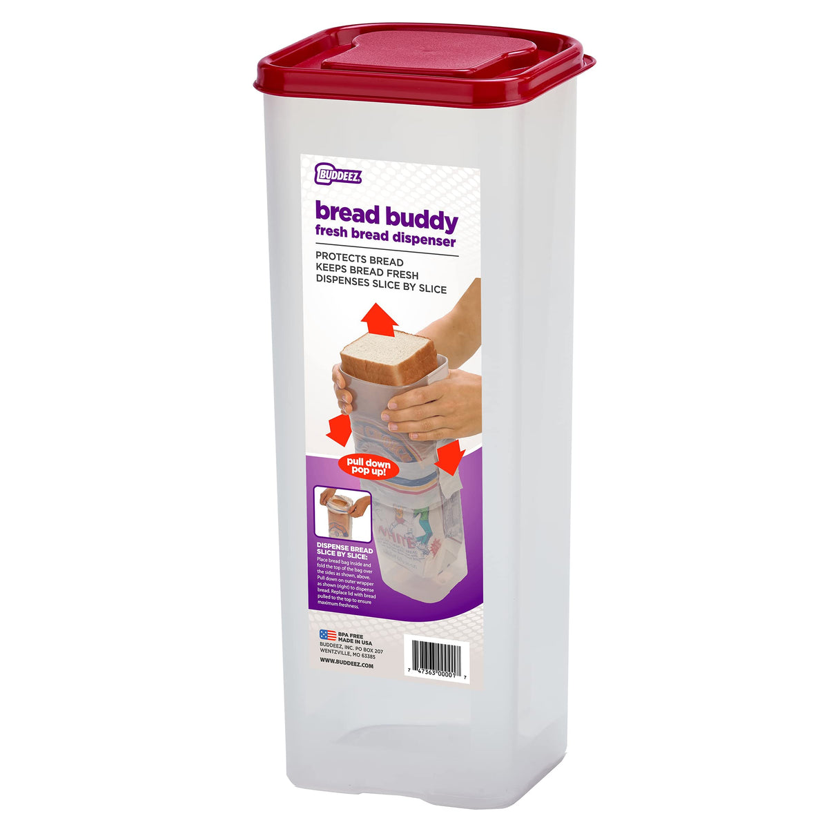 Buddeez Bread Buddy Bread Box – Fresh Bread Storage Container, Plastic Sandwich Bread Dispenser, Red Lid, Pack of 1 Buddeez