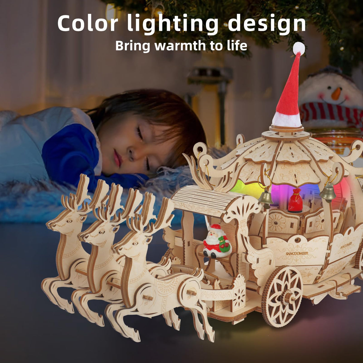 3D Wooden Pumpkin Cart Model Kits, Brainteaser and Puzzle, Vintage Wooden Jigsaw Puzzles with Music Box and LED Light, Wooden Model Kits for Kids, Model Car Kits Wooden 3D Puzzles SANCOOMEER