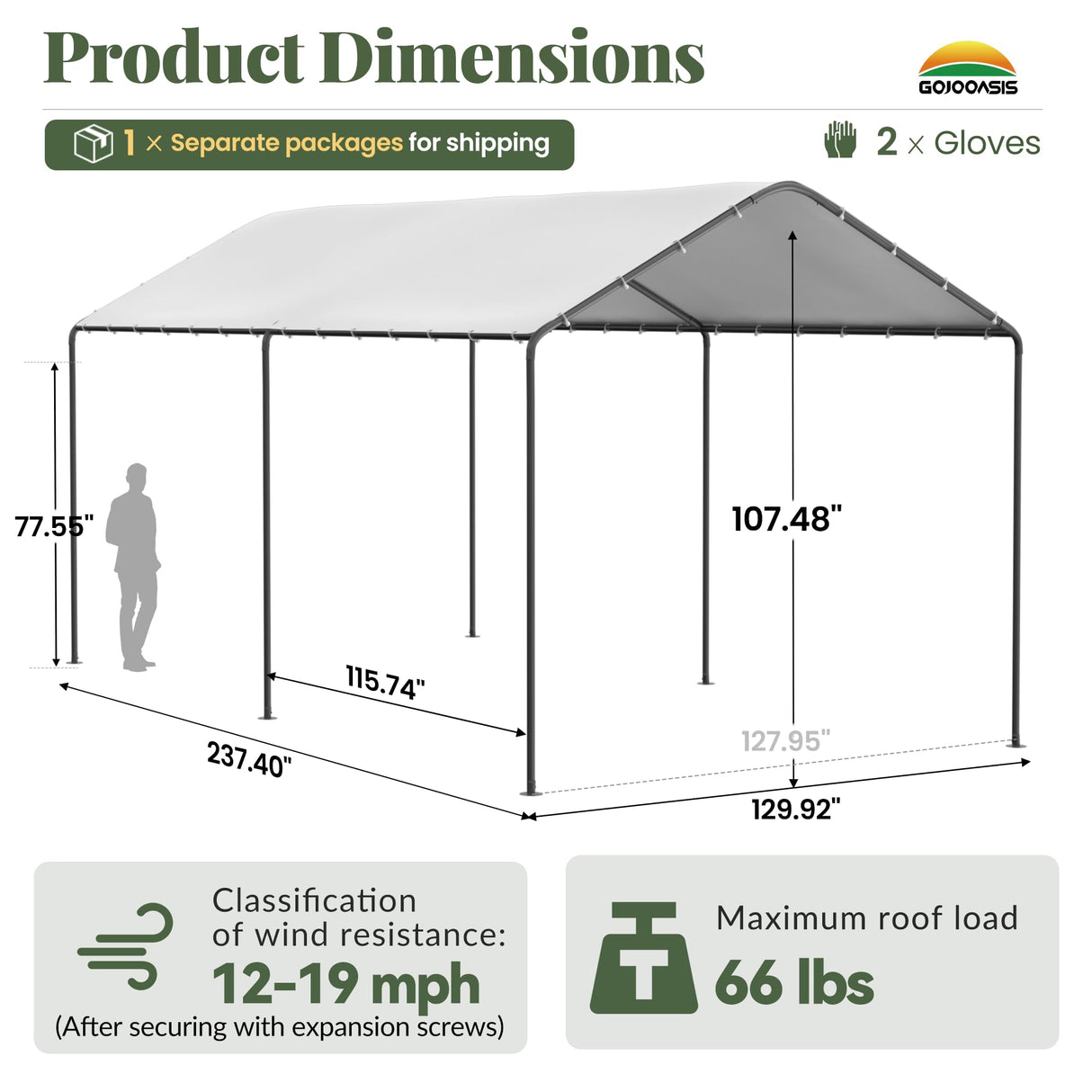 GOJOOASIS 10x20 Carport Heavy Duty Portable Garage Shelter Metal Car Canopy Tent with UV-Resistant & Weatherproof Top Cover for RV & Vehicles (White, 10x20 Without sidewalls) GOJOOASIS