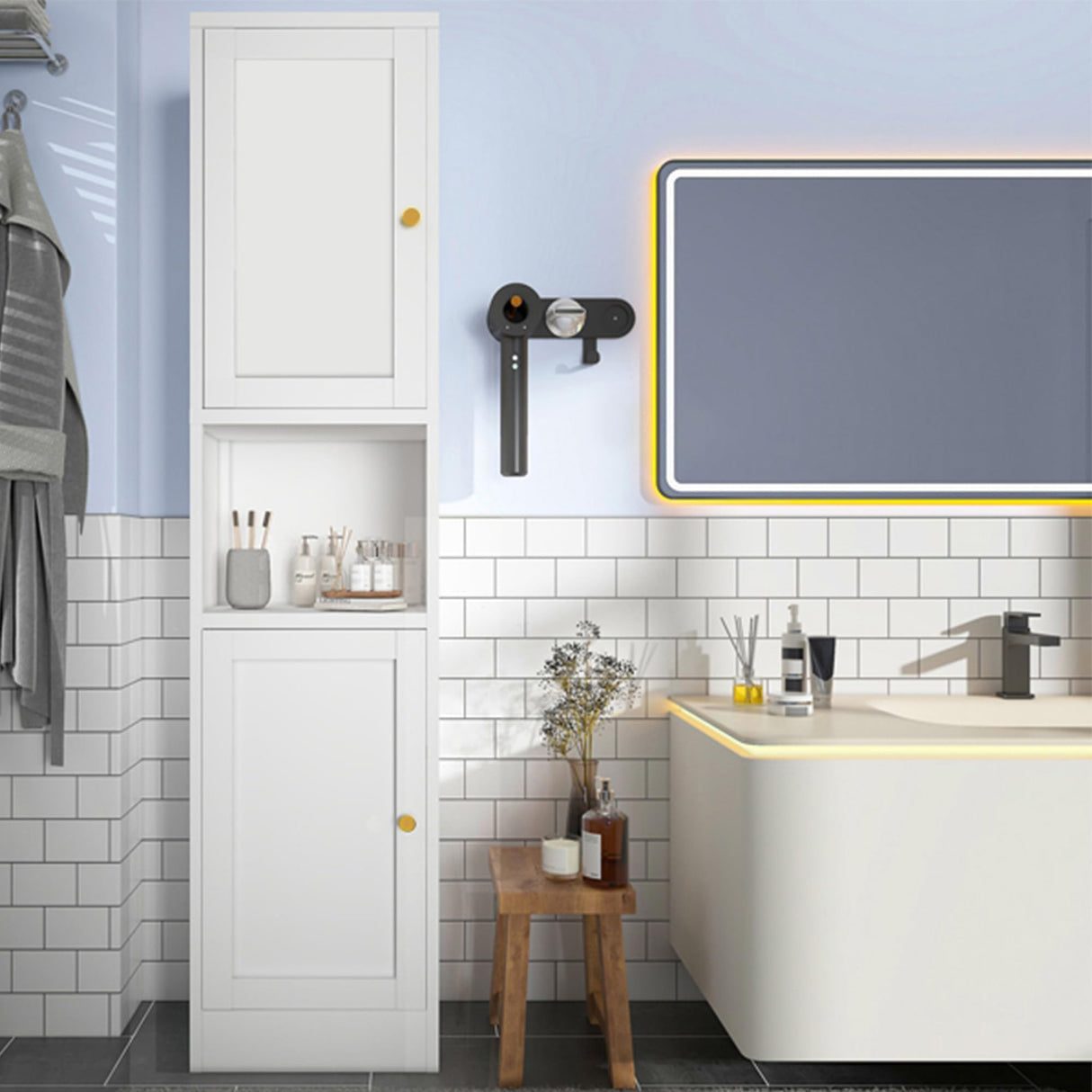 Boegica 67" Tall Metal Bathroom Storage Cabinet,6-Tier Freestanding Linen Tower with 2 Doors,Narrow Slim Metal Locker Storage Cabinet for Small Spaces,Modern,White Boegica